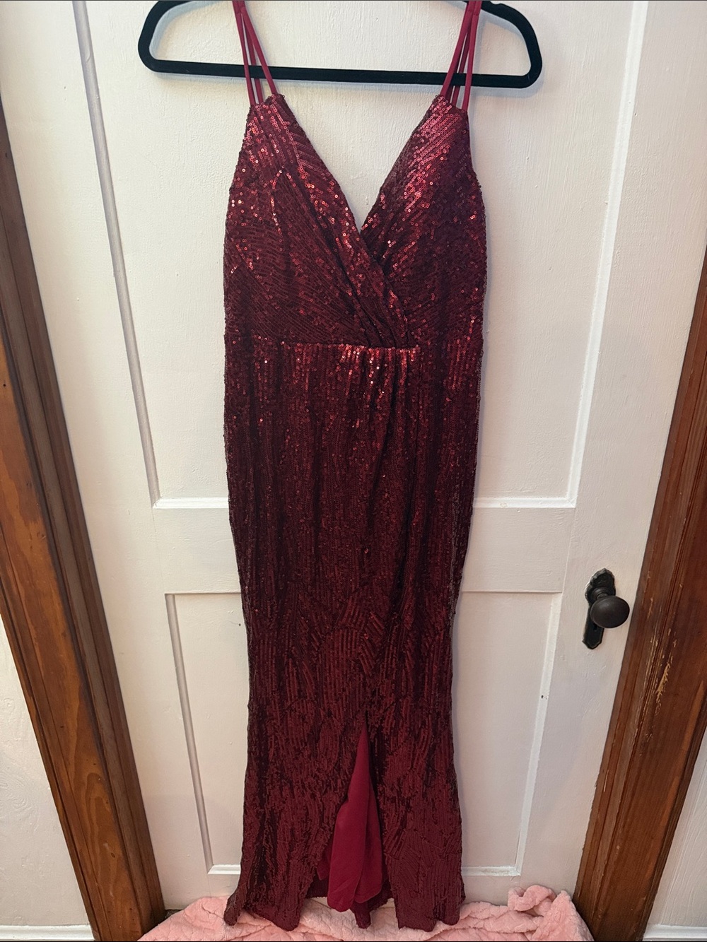 Red Sequin V-Neck Evening Gown with Double Spaghetti Straps